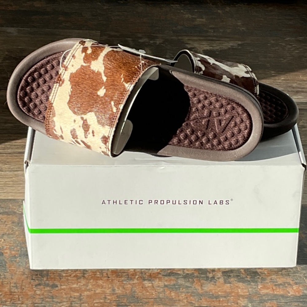 APL Brown and Cream Cow Print Slide Sandals
